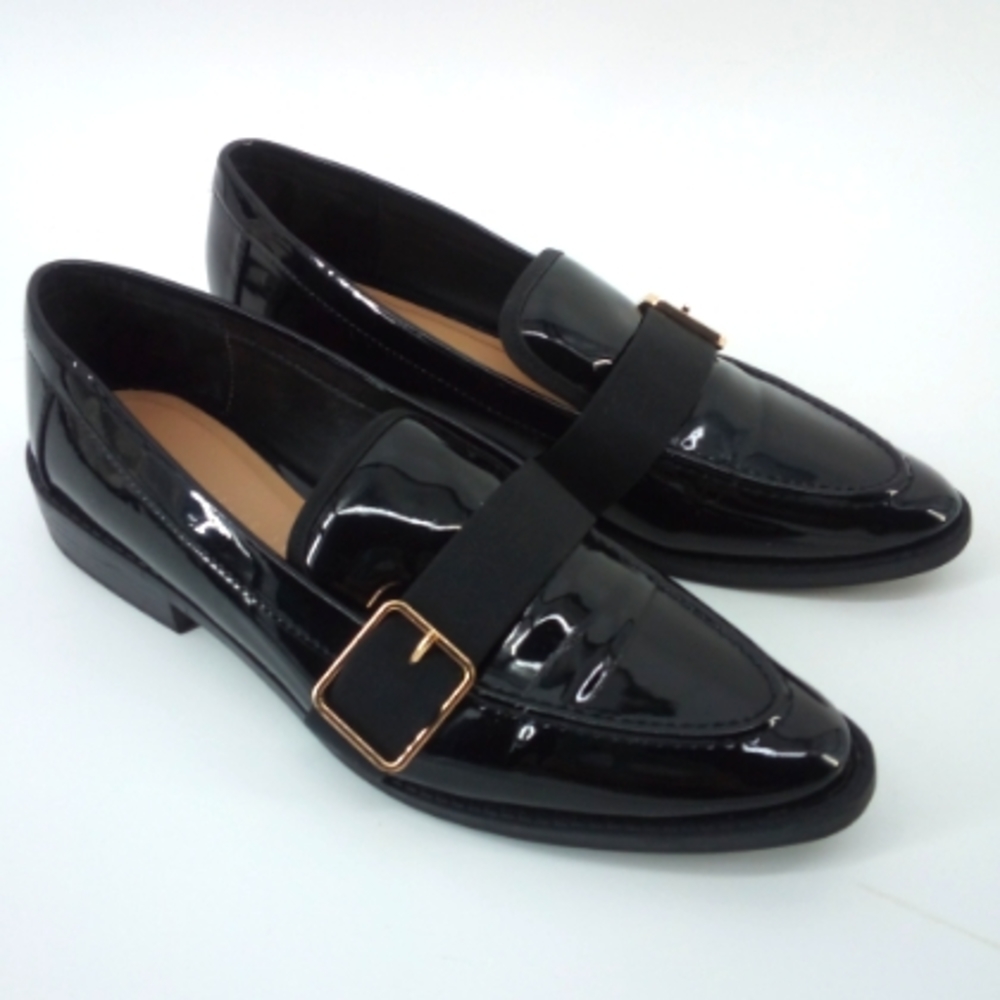 Zara Trafaluc Vegan Patent Leather Black Gold Buckle Loafers Slip On 39 Work